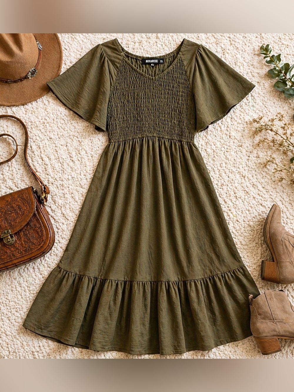 Mikarose Olive Green Smocked Midi Dress XS Modest Cottagecore Boho